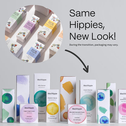 Mad Hippie glycolic and lactic acid corrective serum bottle displaying ingredient list
