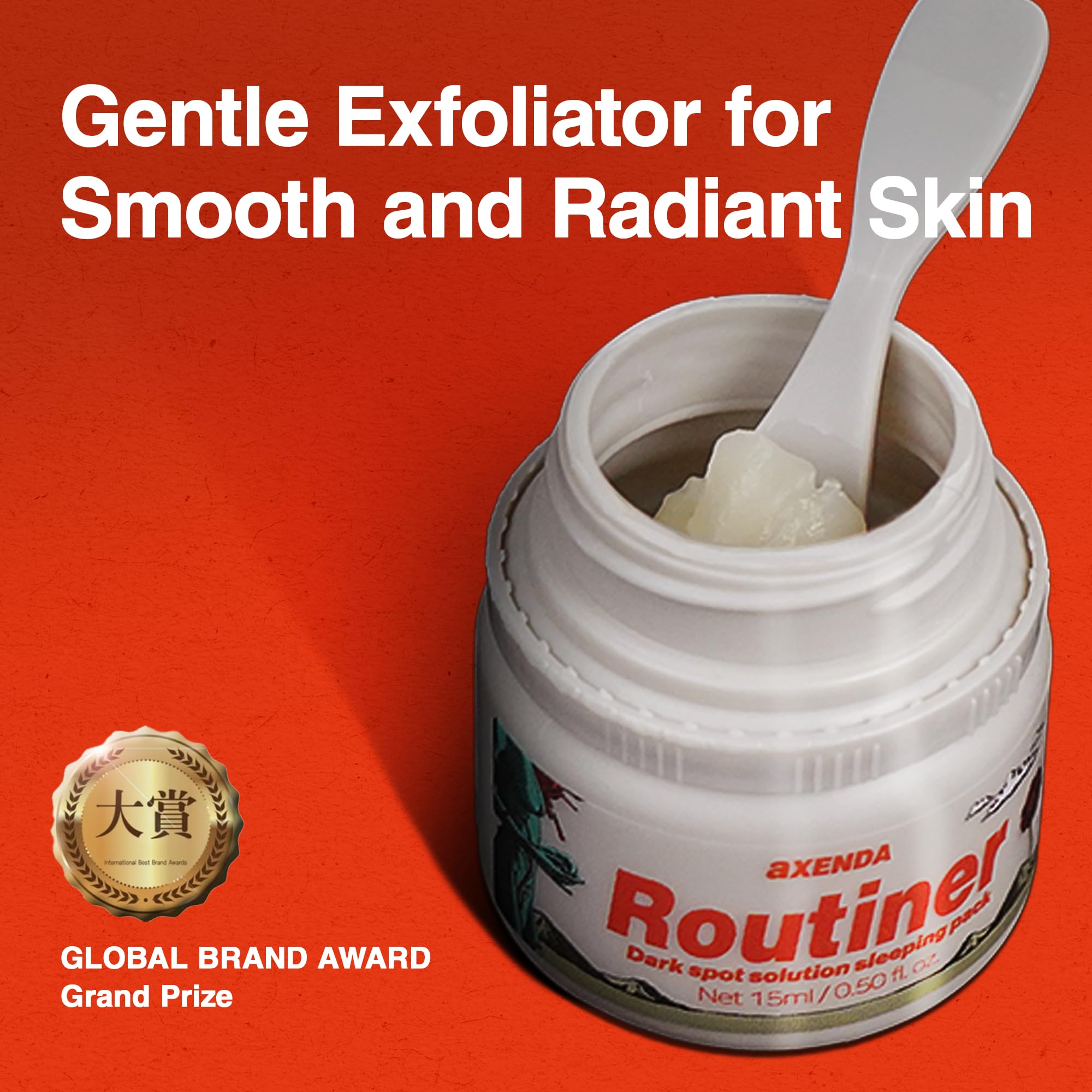 VQM AXENDA Routiner chemical exfoliant balm texture showing quick absorbing formula for dark spots.