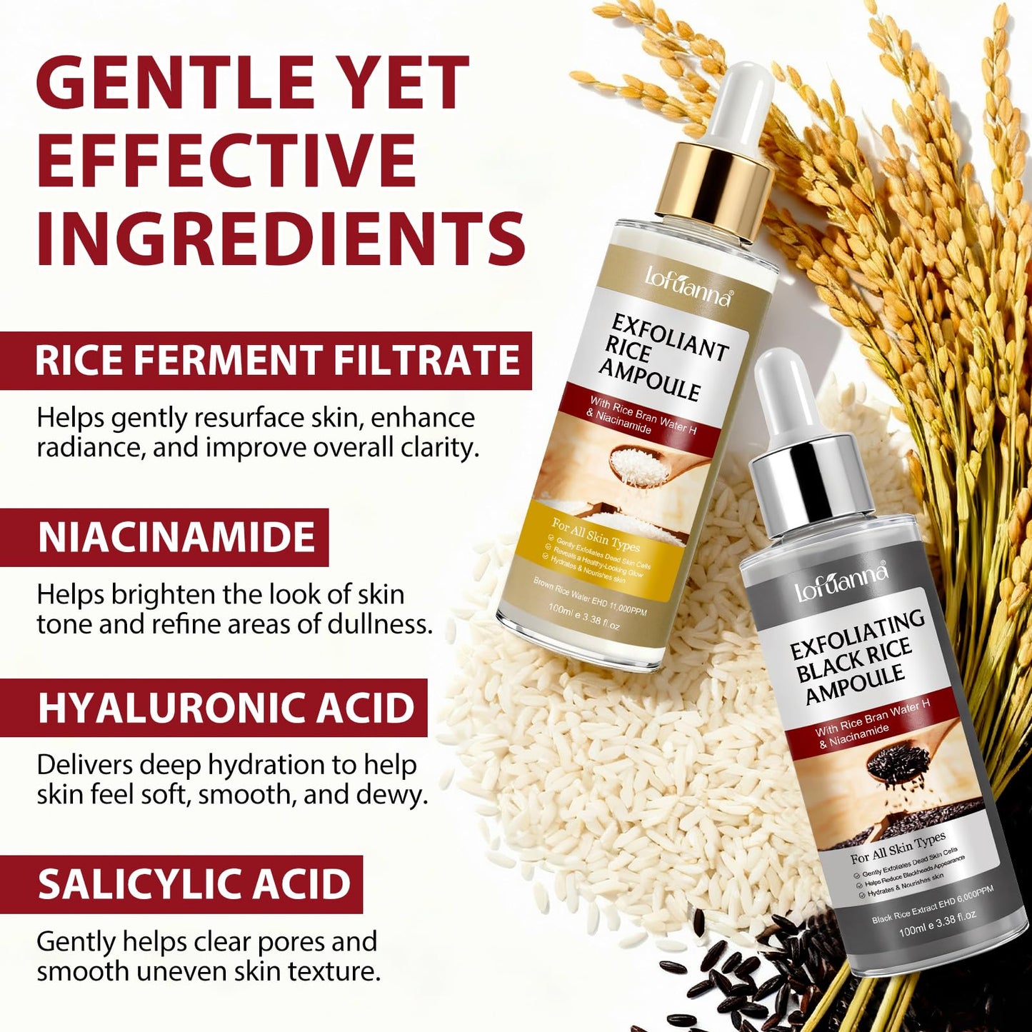 Two bottles of Lxitian rice exfoliant for face and body showing the dropper applicators.