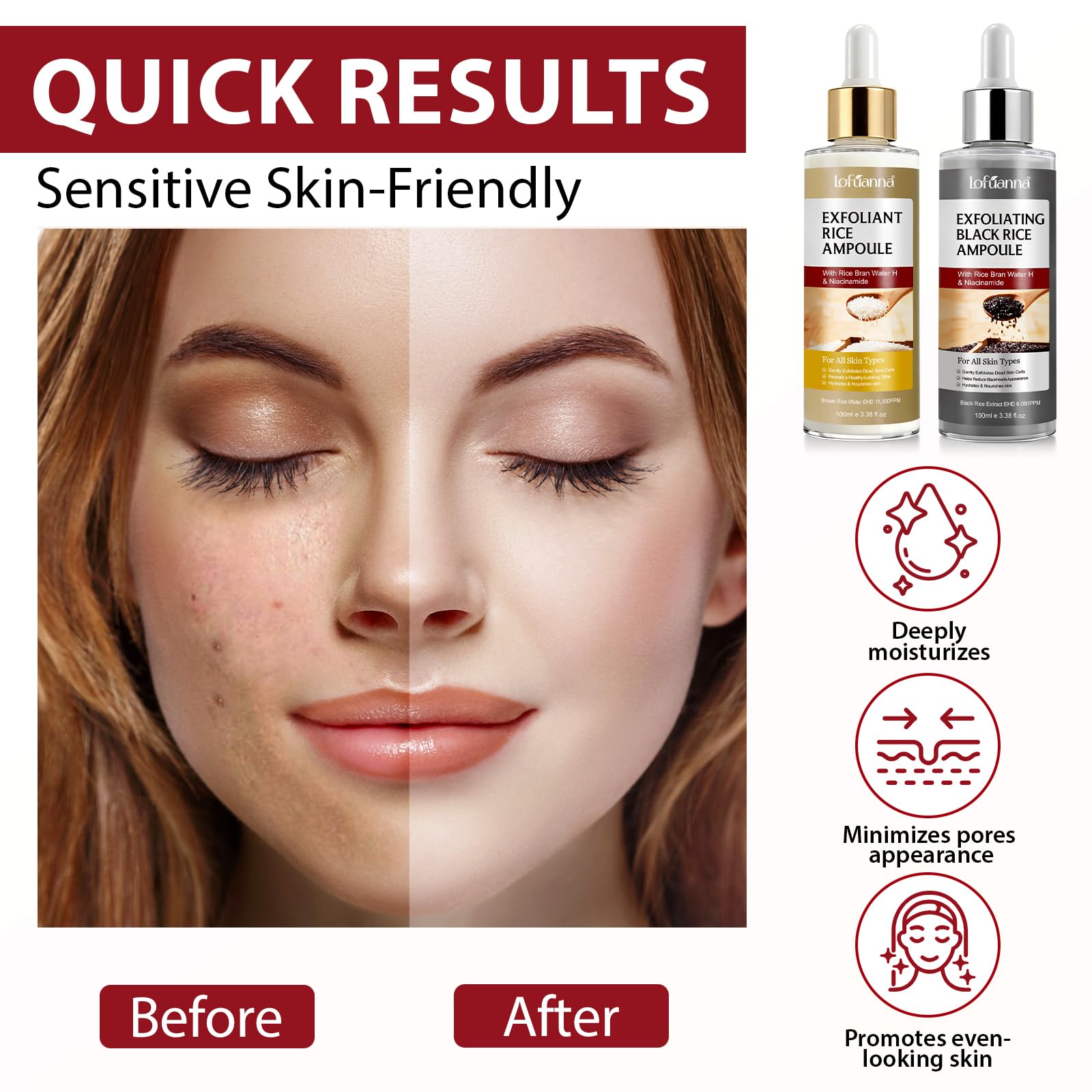 Lxitian dual effect rice essence ampoule set highlighting the lightweight hydrating texture on skin.