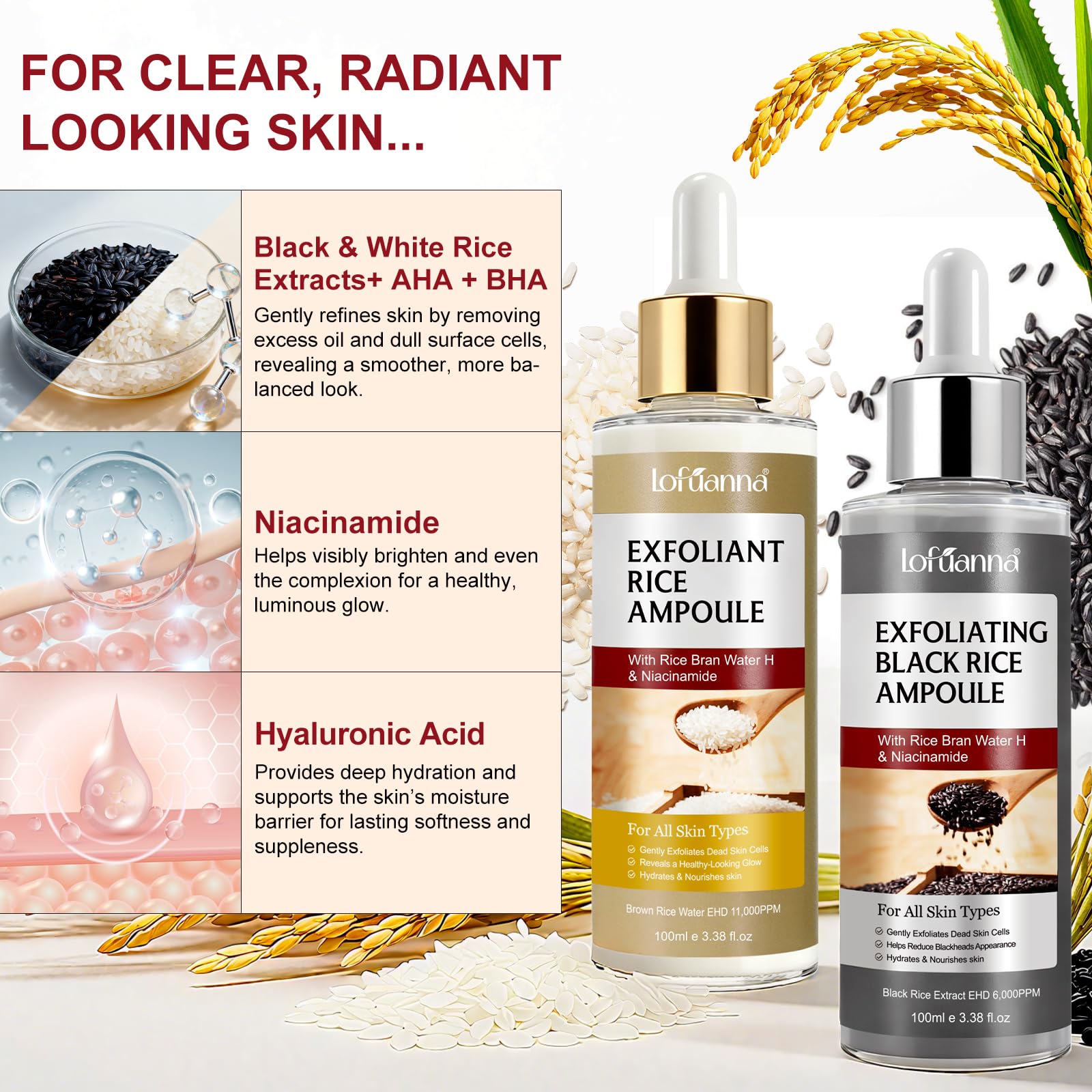 Authentic USA imported Lxitian white and black rice peeling serum for gentle pore care.