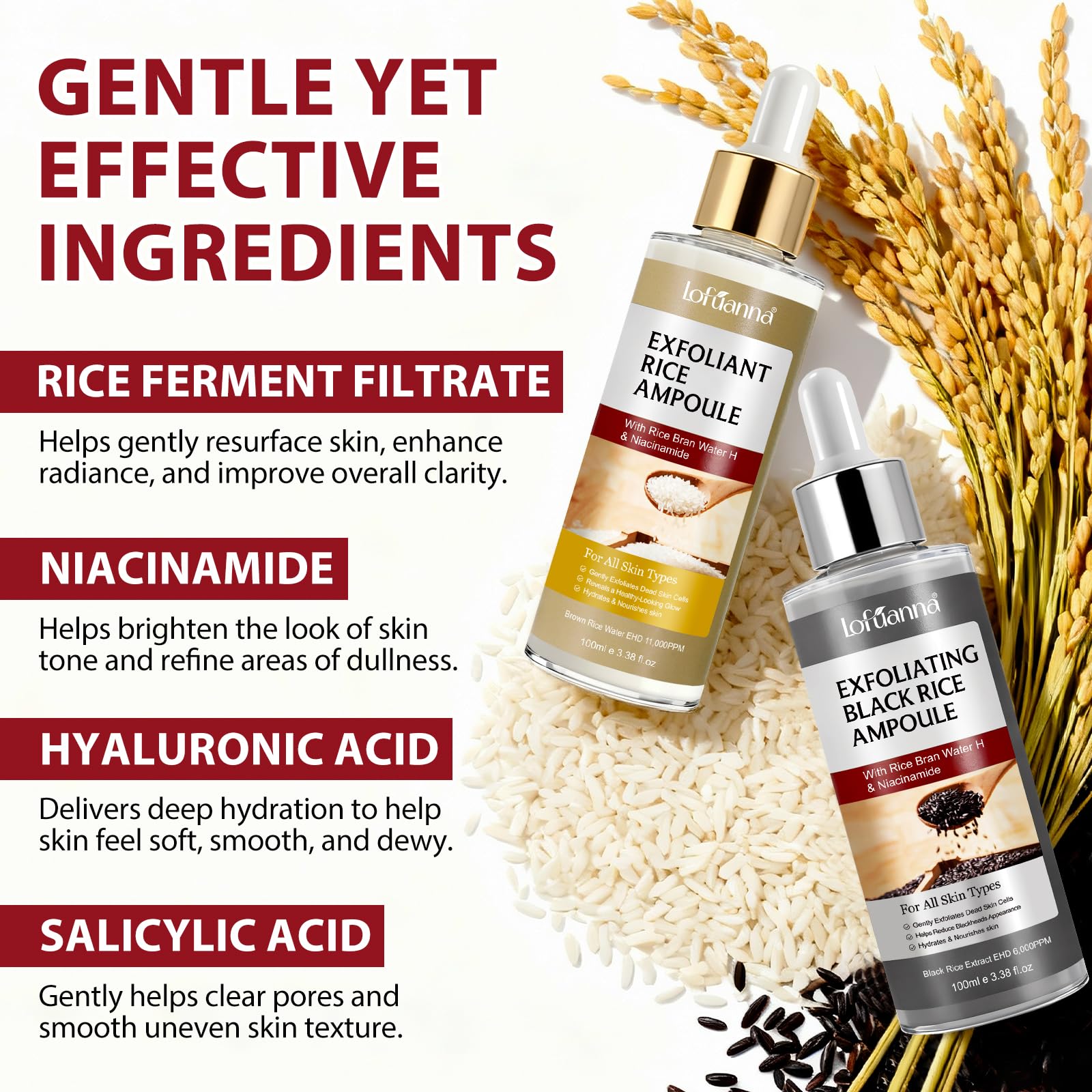 ADSBJUX White Rice and Black Rice exfoliating serum bottles side by side