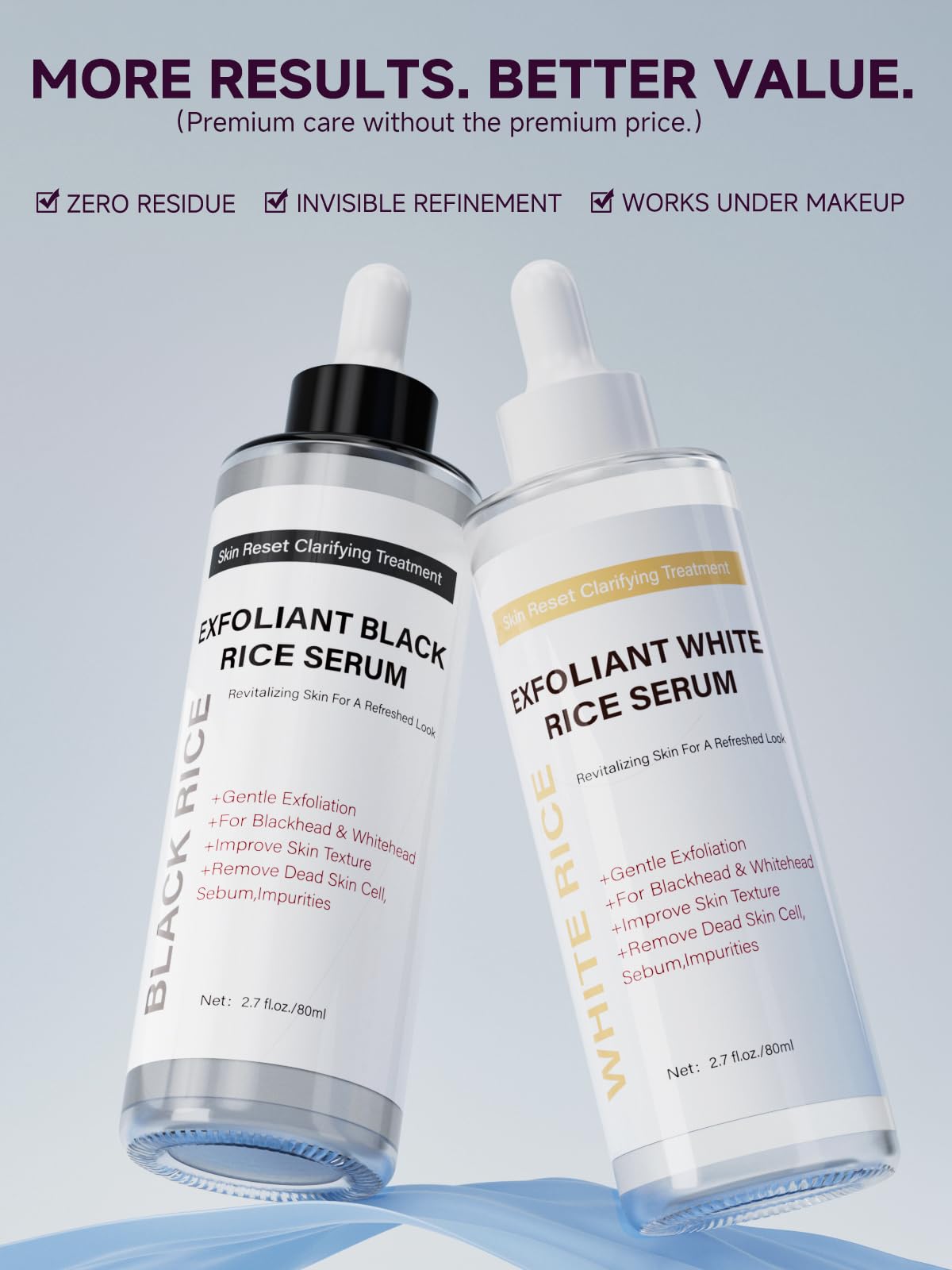 Side angle view of the two PIVETOS face and body exfoliating serum bottles emphasizing the dual-phase system.