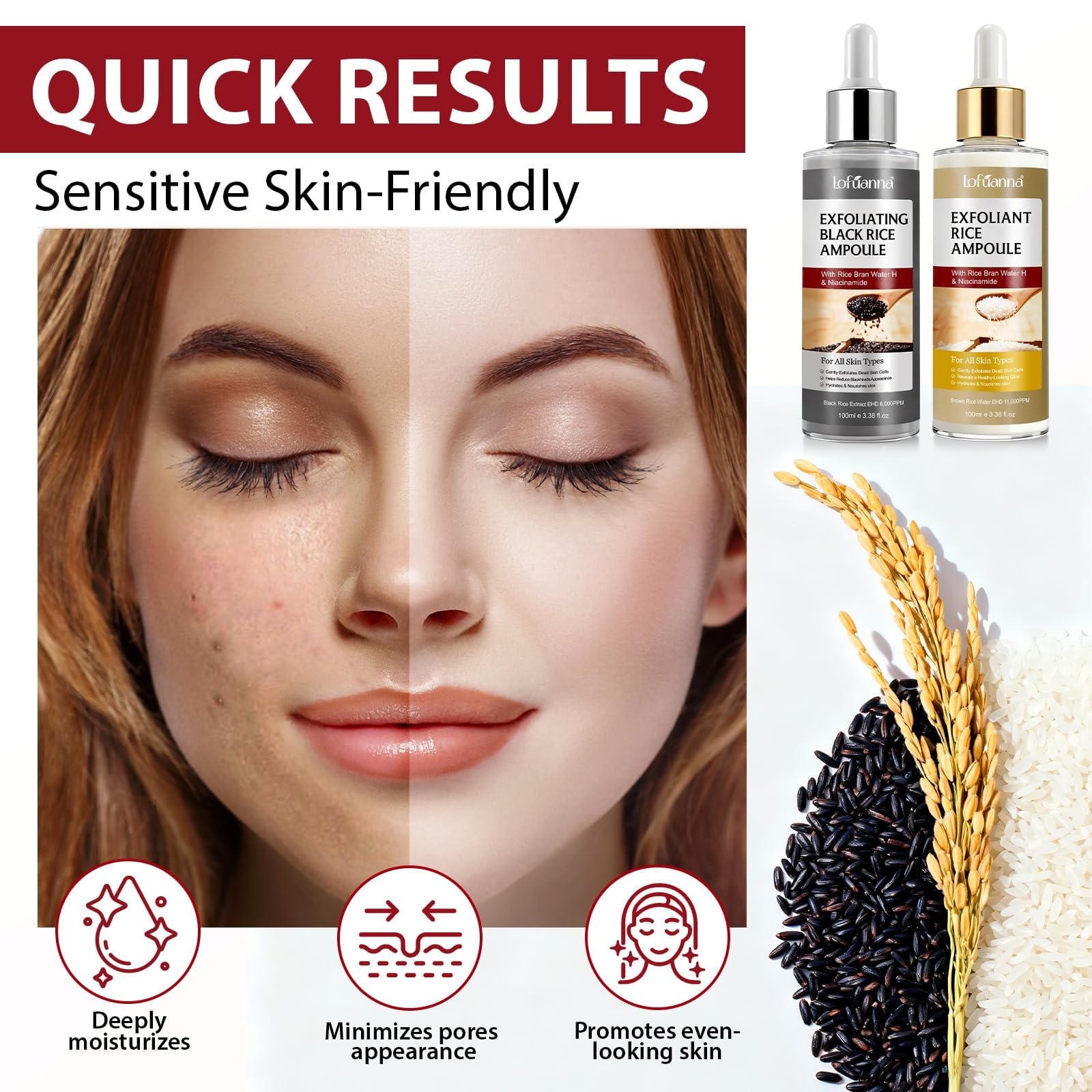 OEDPMFYL black rice and white rice peeling face serum bottles side by side