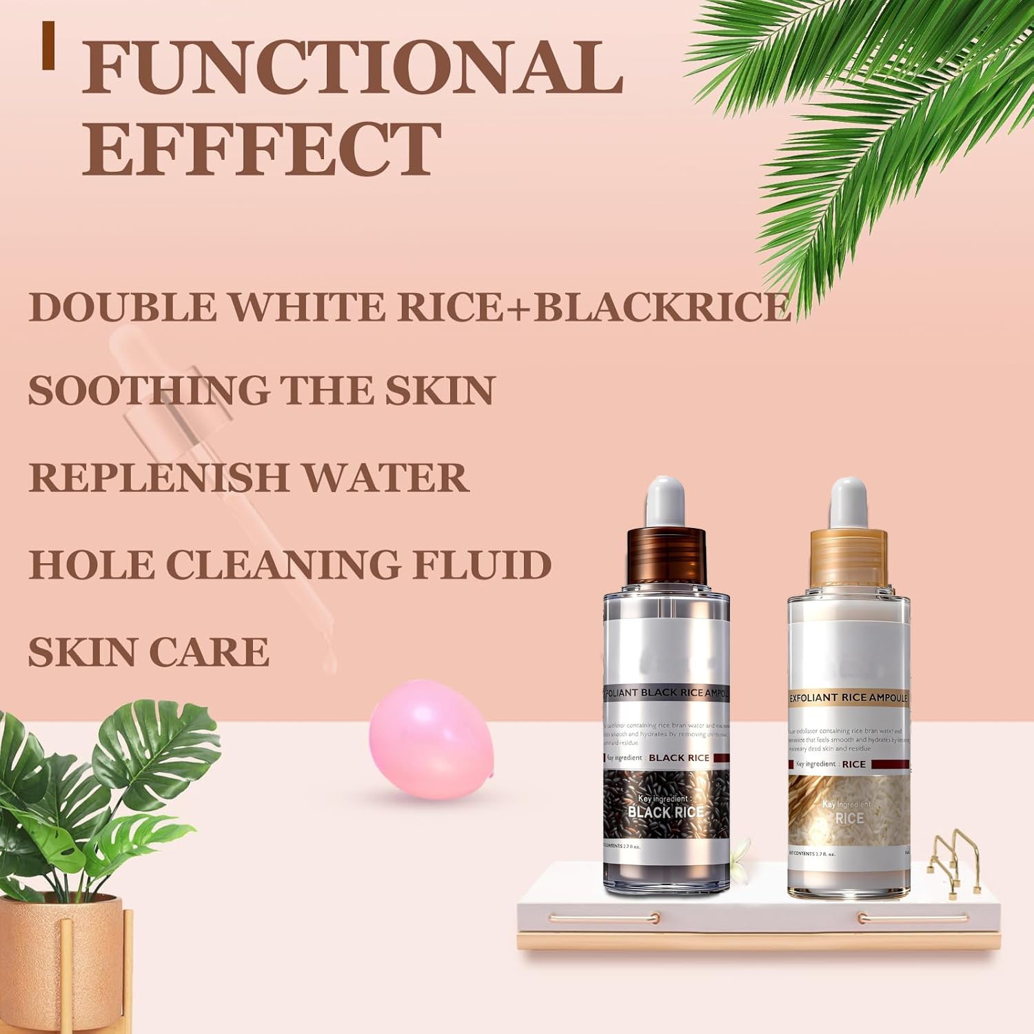 Close up of the two bottles from the Ipsify Rice Exfoliating Ampoule Set highlighting the pore minimizing textures.