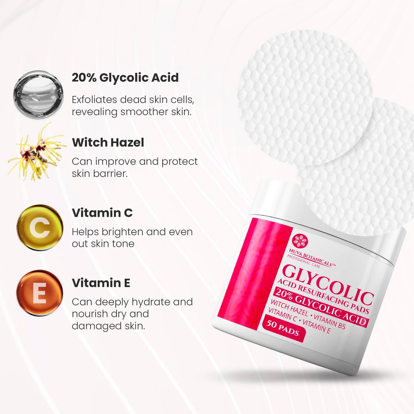 Back label of Nuva Botanicals exfoliating face pads detailing usage instructions and precautions
