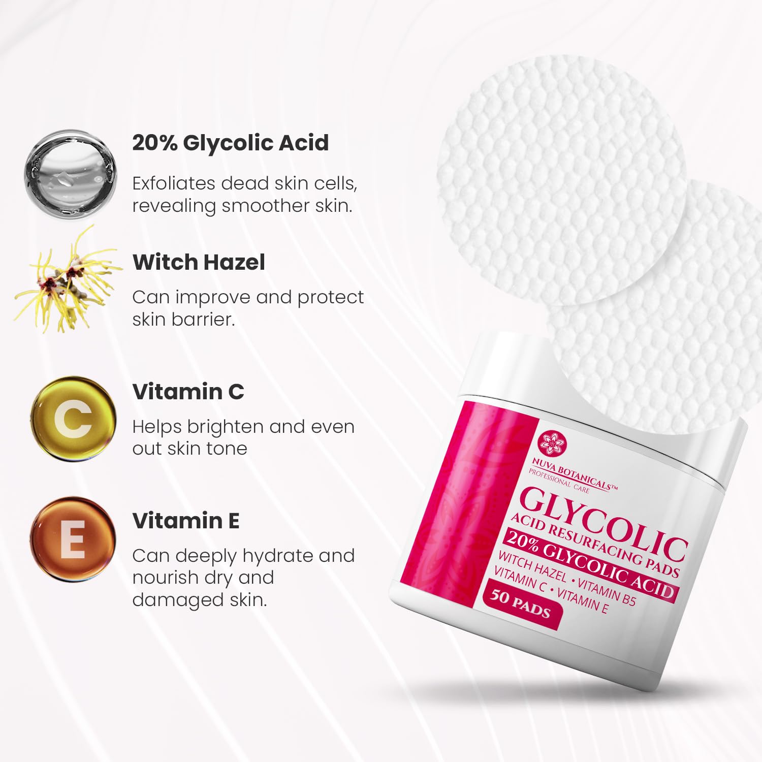 Back label of Nuva Botanicals exfoliating face pads detailing usage instructions and precautions