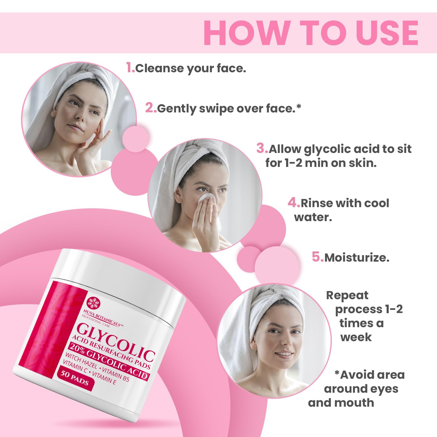 Nuva Botanicals glycolic acid peel jar showcasing the finger notch design on the exfoliating pad
