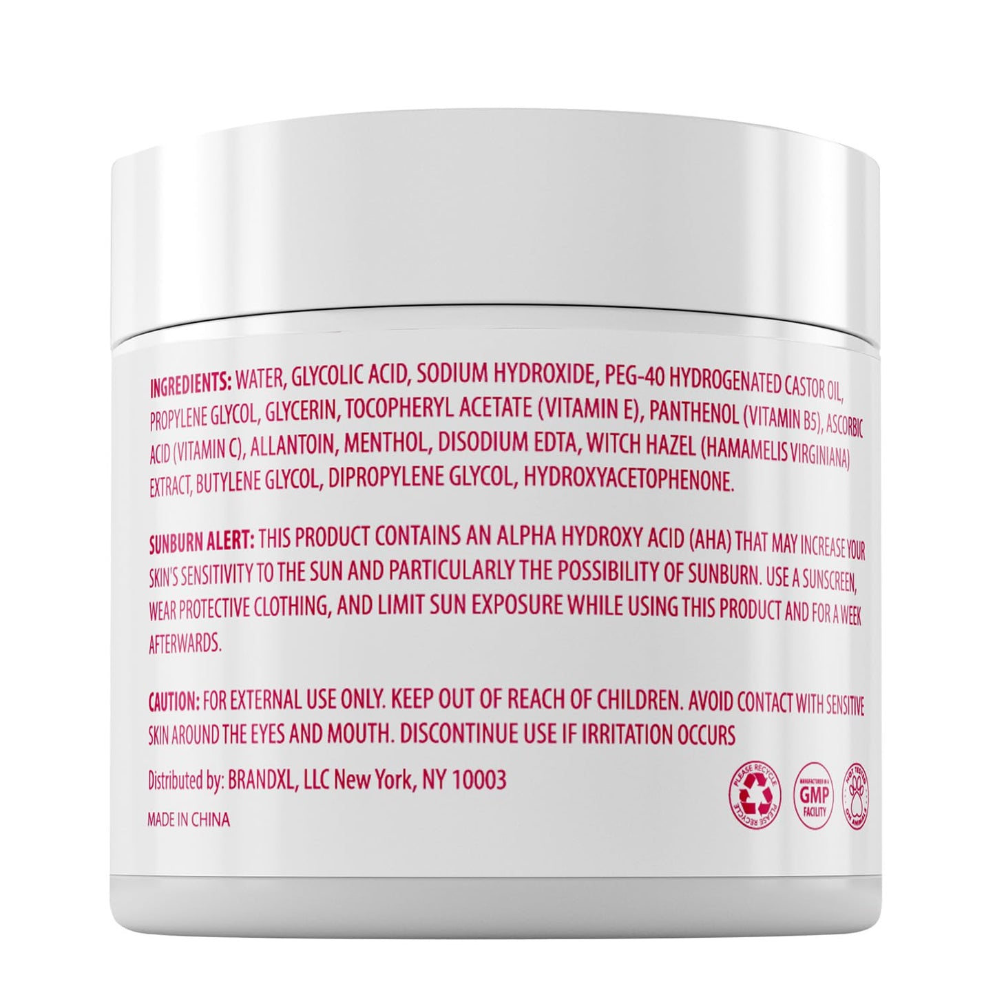 Authentic USA imported Nuva Botanicals glycolic acid container next to an individual wet peel pad