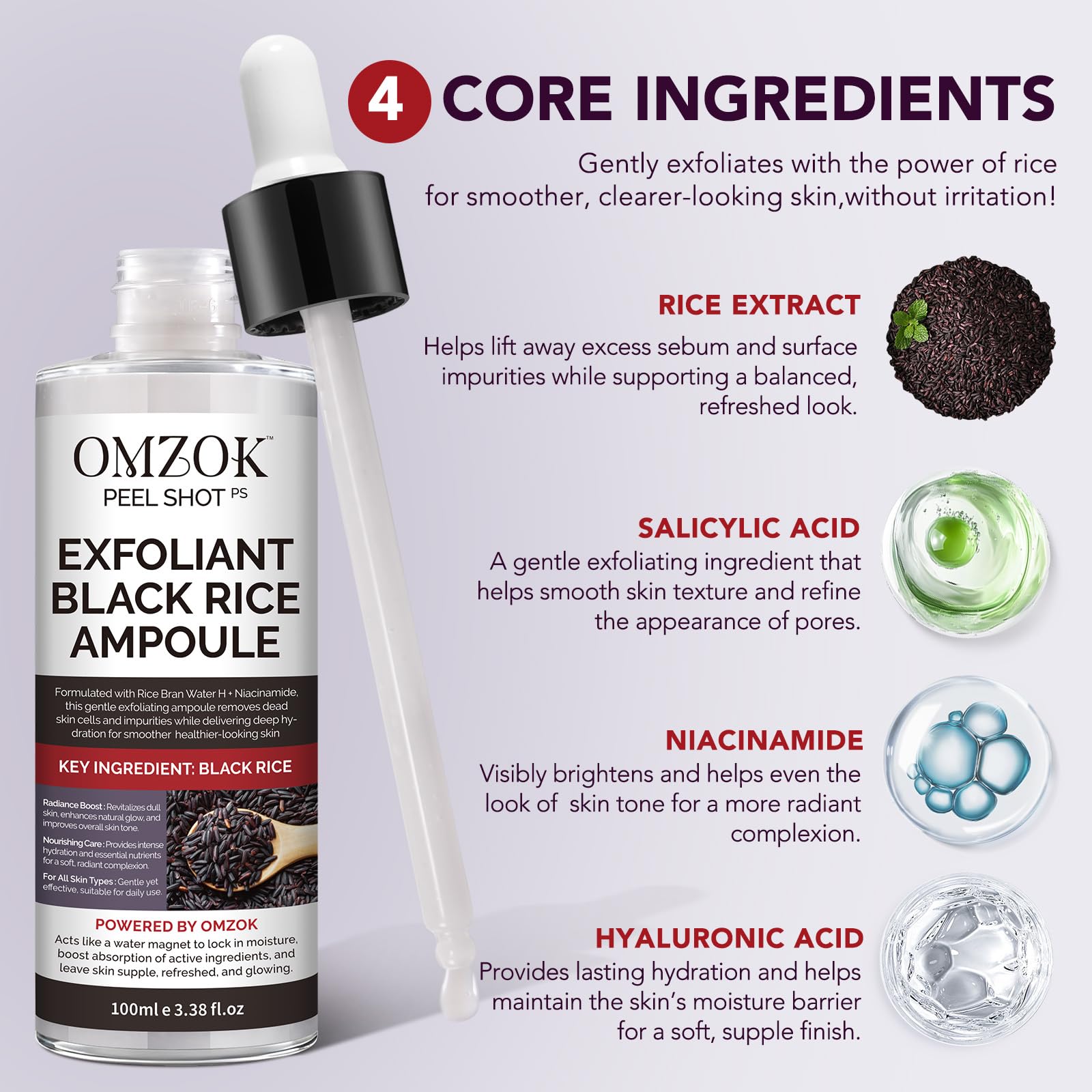 Application of OMZOK rice extract serum on clean dry skin.