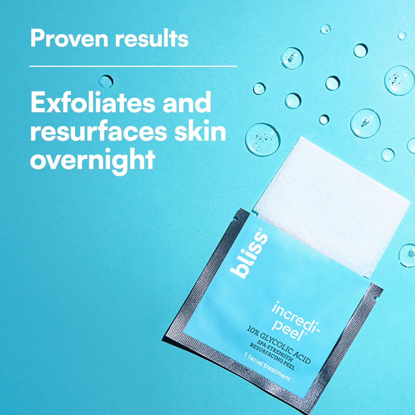 Close up of an open Bliss Incredi Peel sachet showing the textured exfoliating wipe