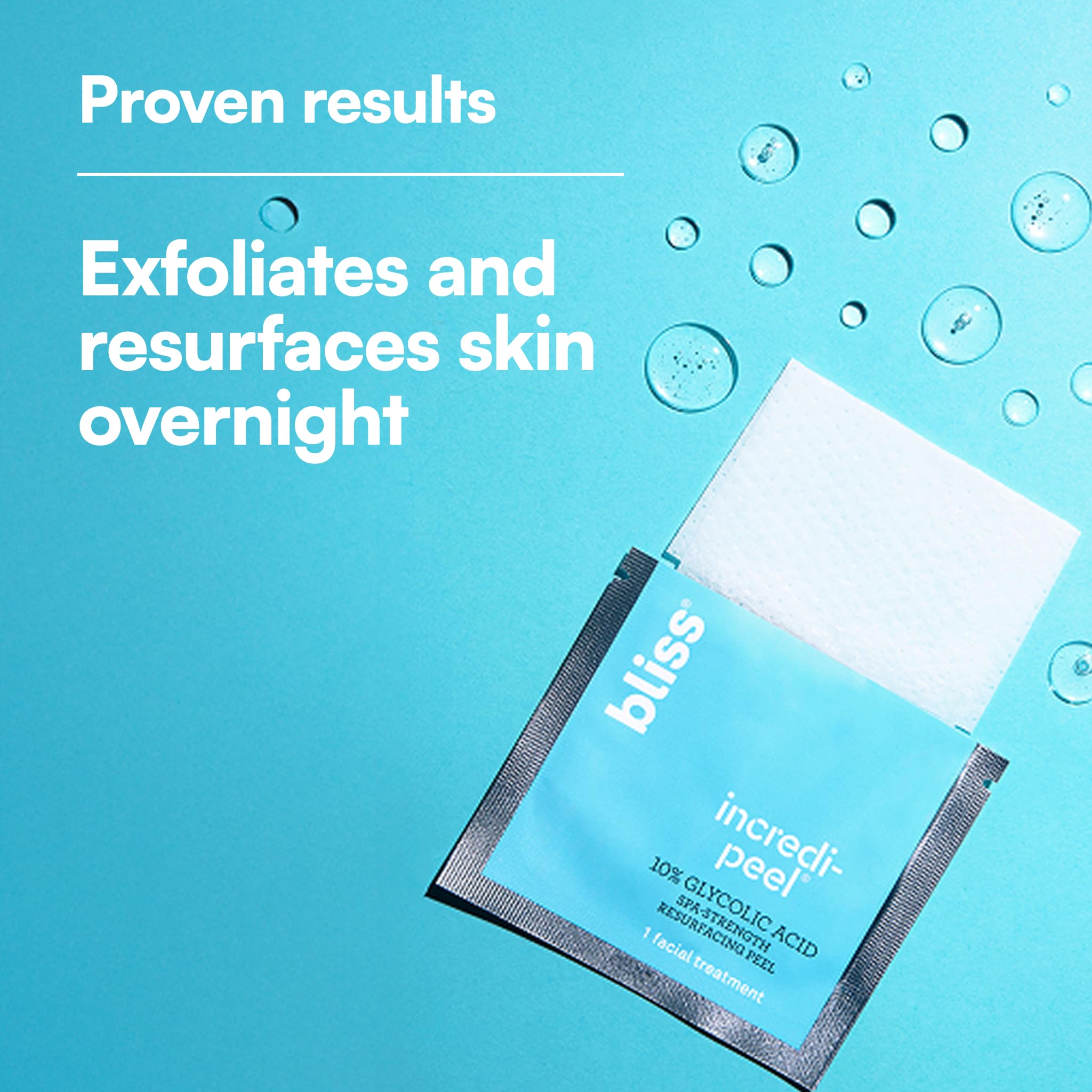 Close up of an open Bliss Incredi Peel sachet showing the textured exfoliating wipe