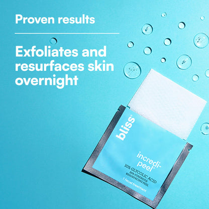 Close up of an open Bliss Incredi Peel sachet showing the textured exfoliating wipe