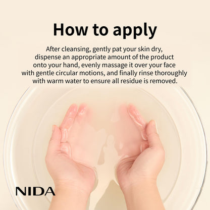 NIDA exfoliating serum bottle showing product consistency and application method