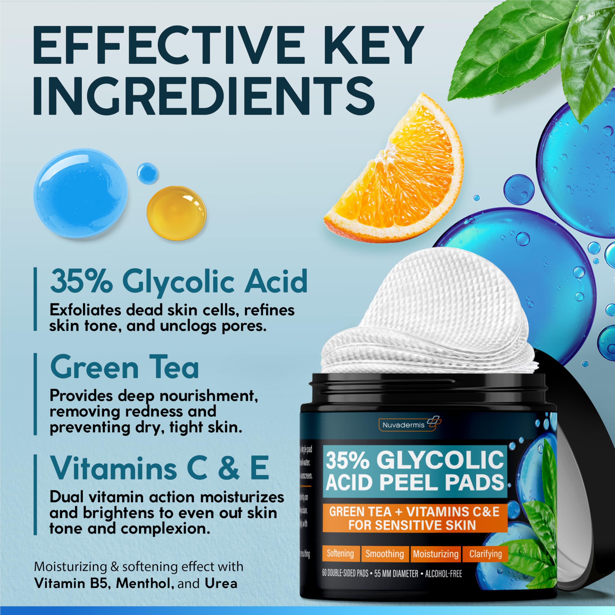 NUVADERMIS 35% Glycolic Acid Peel Pads double-sided textured and smooth facial wipes for acne and blackhead treatment.