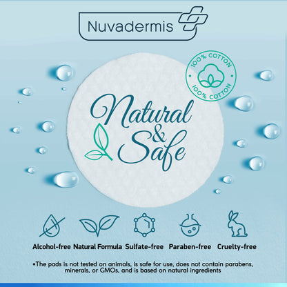 NUVADERMIS 35% Glycolic Acid Peel Pads packaging highlighting the alcohol-free formula with green tea and vitamins C and E.