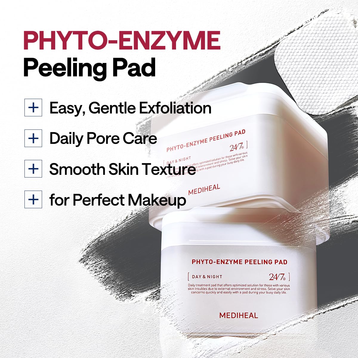 Top view of opened Mediheal Phyto Enzyme jar highlighting the pre soaked dual sided gauze sheets