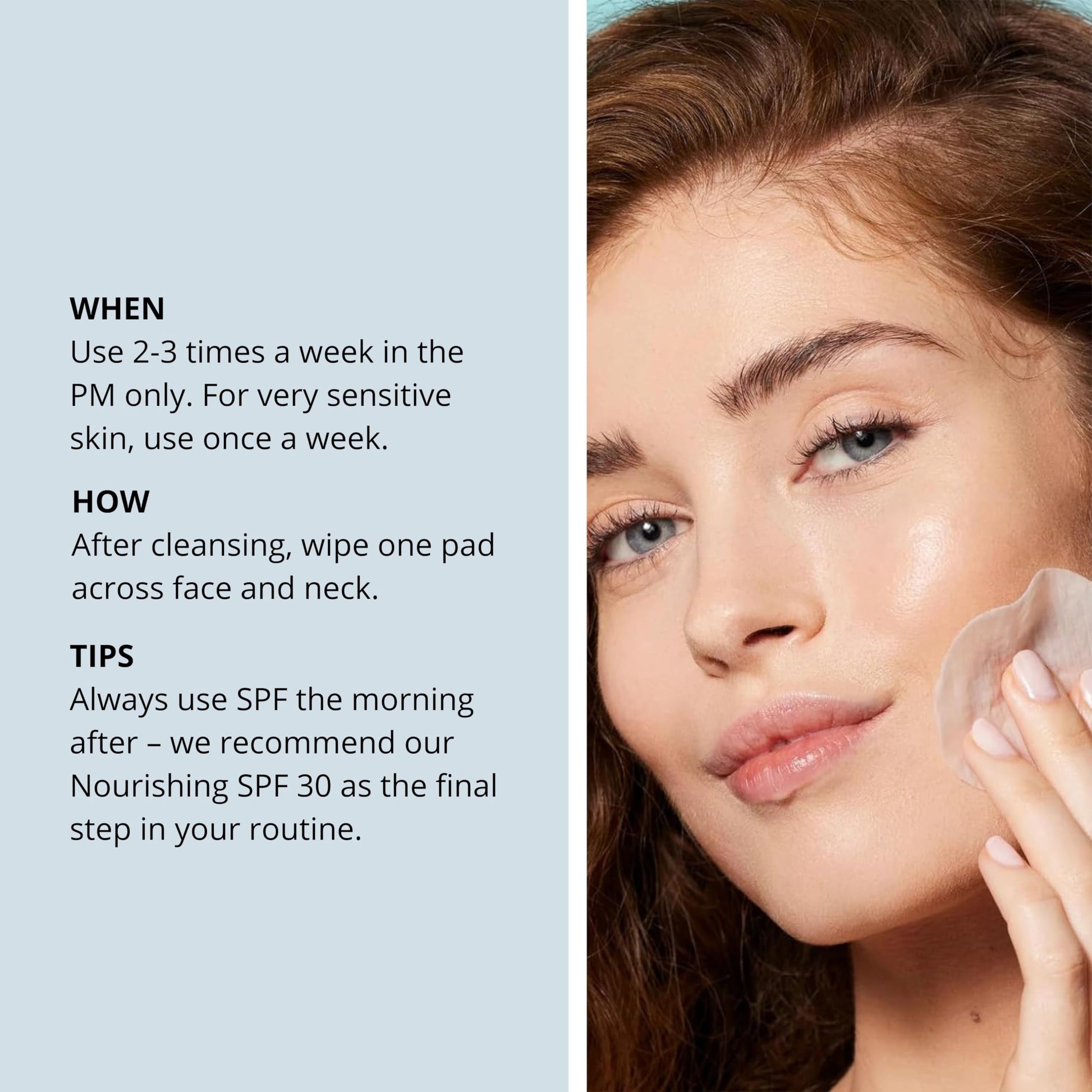 Nip + Fab skincare facial pads container illustrating evening application instructions
