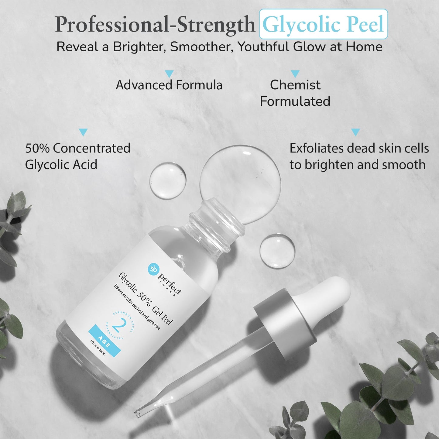 Perfect Image Glycolic Acid 50 Percent Gel Peel bottle showing retinol and green tea ingredients