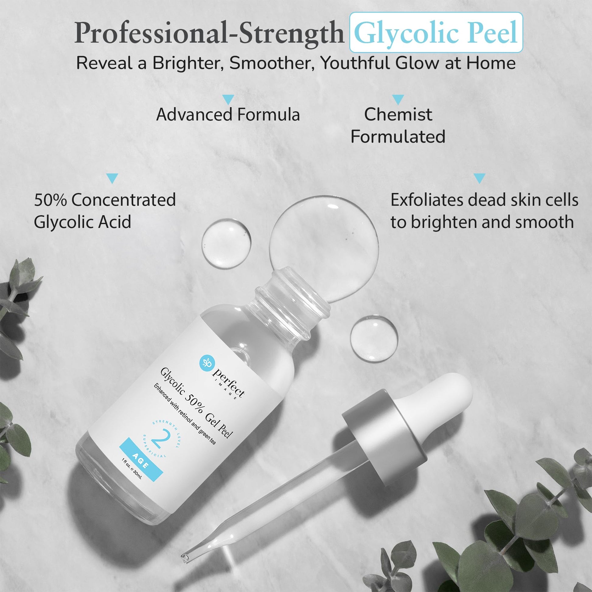 Perfect Image Glycolic Acid 50 Percent Gel Peel bottle showing retinol and green tea ingredients