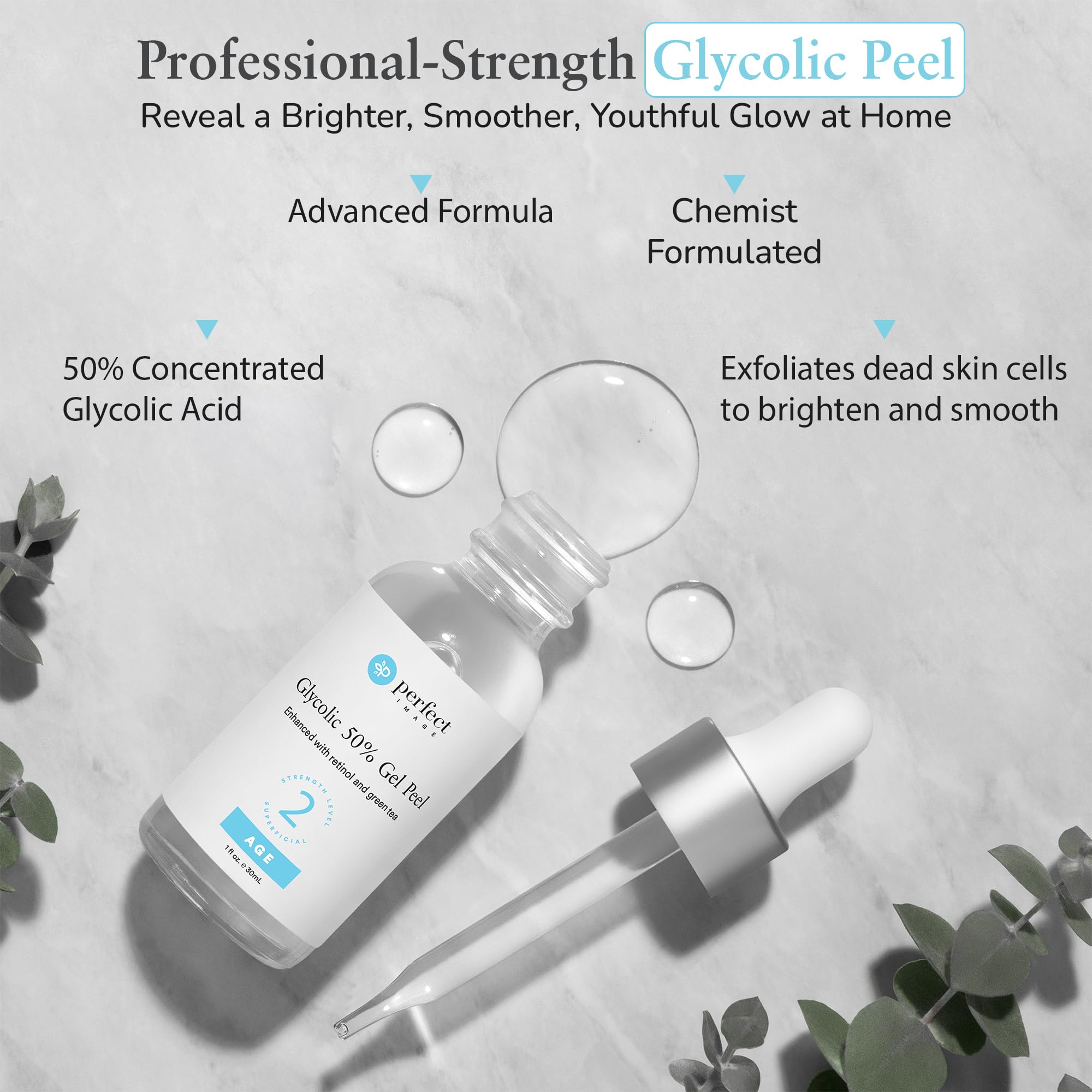 Perfect Image Glycolic Acid 50 Percent Gel Peel bottle showing retinol and green tea ingredients