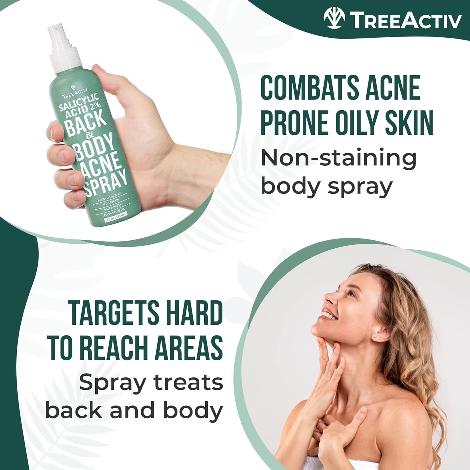 TreeActiv body acne treatment solution with tea tree oil and eucalyptus ingredients listed.