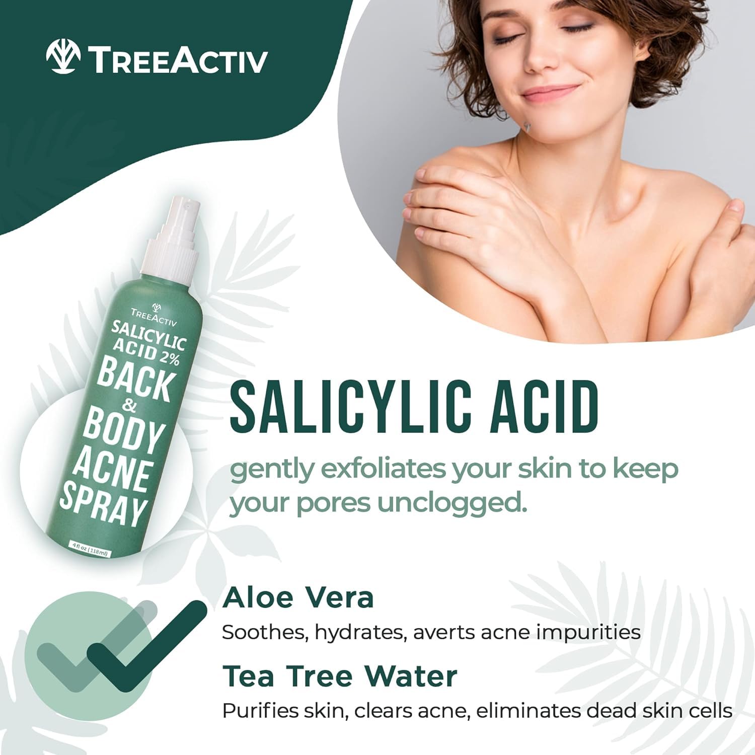 TreeActiv fast-drying non-staining back acne spray application demonstration concept.