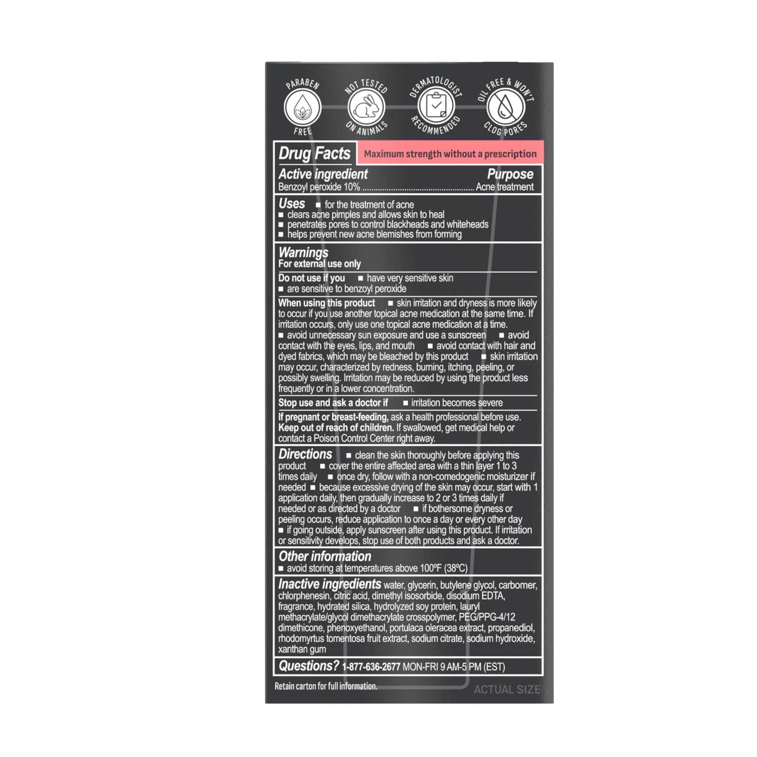 Oxy Maximum Strength 10 percent Benzoyl Peroxide cream packaging showing prebiotic benefits.