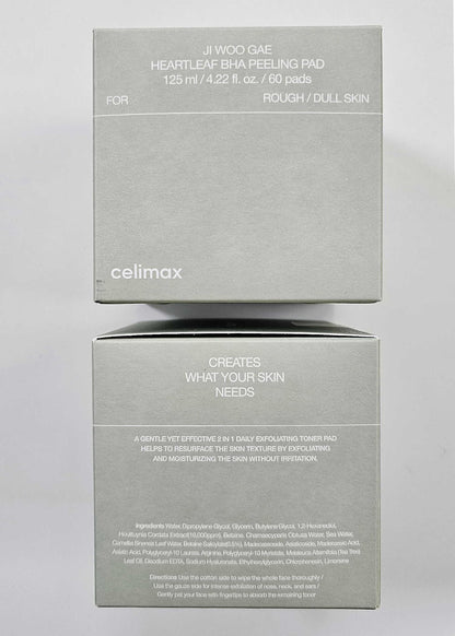 Celimax Ji Woo Gae BHA toner pad container setup showing the 125 ml volume capacity for acne treatment.