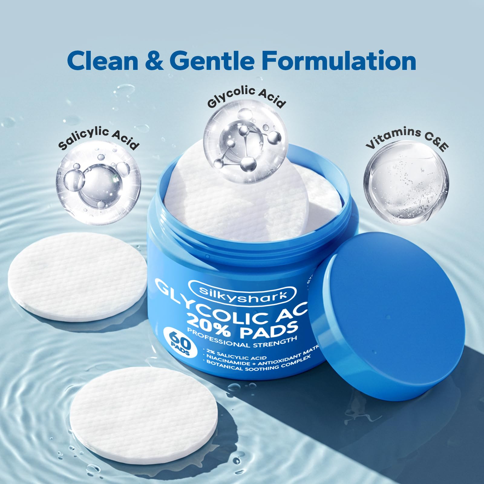 SilkyShark chemical peel pads with salicylic acid and vitamins for clearing acne scars and uneven texture.