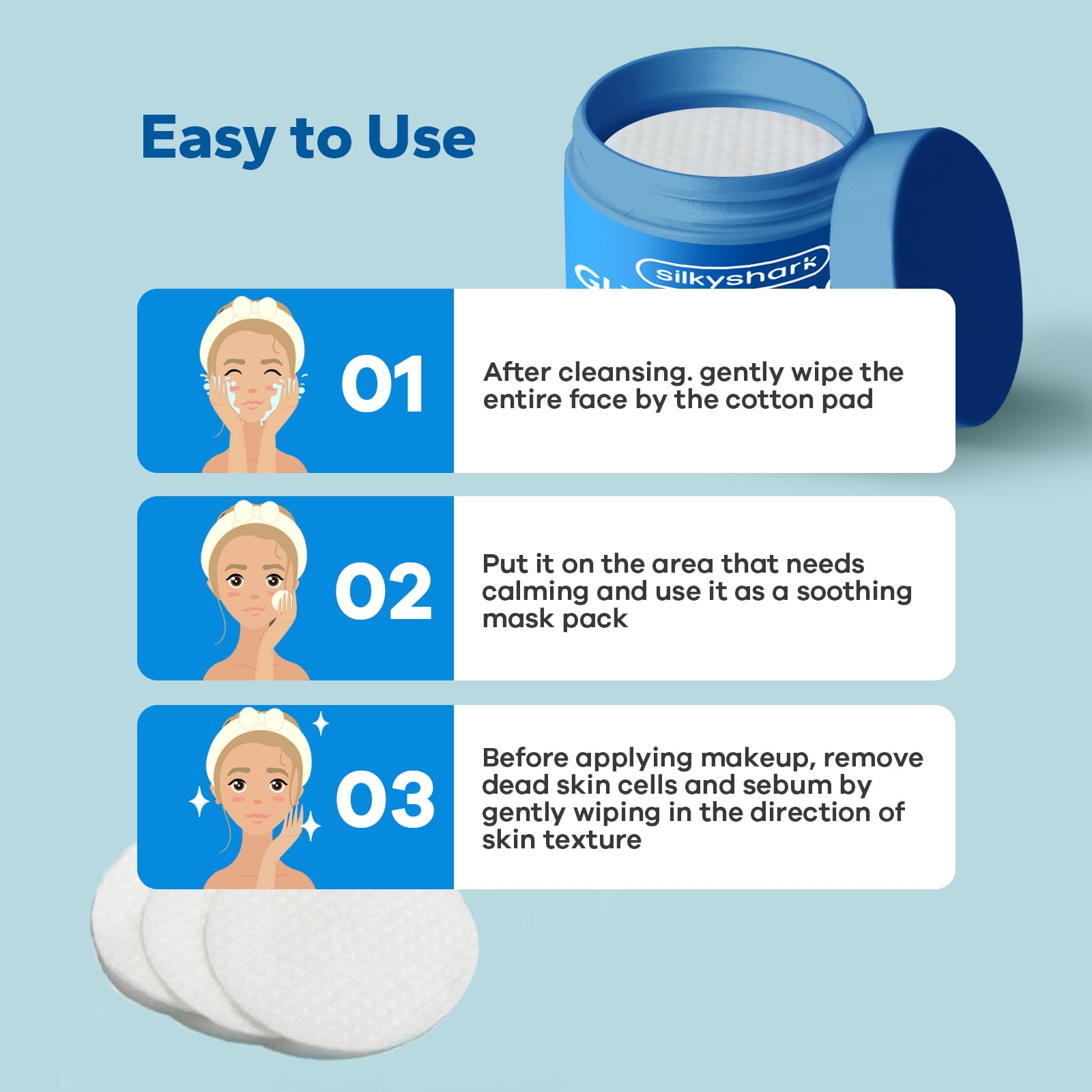 SilkyShark resurfacing peel pads applied to clean skin for anti-aging and pore clarifying benefits.