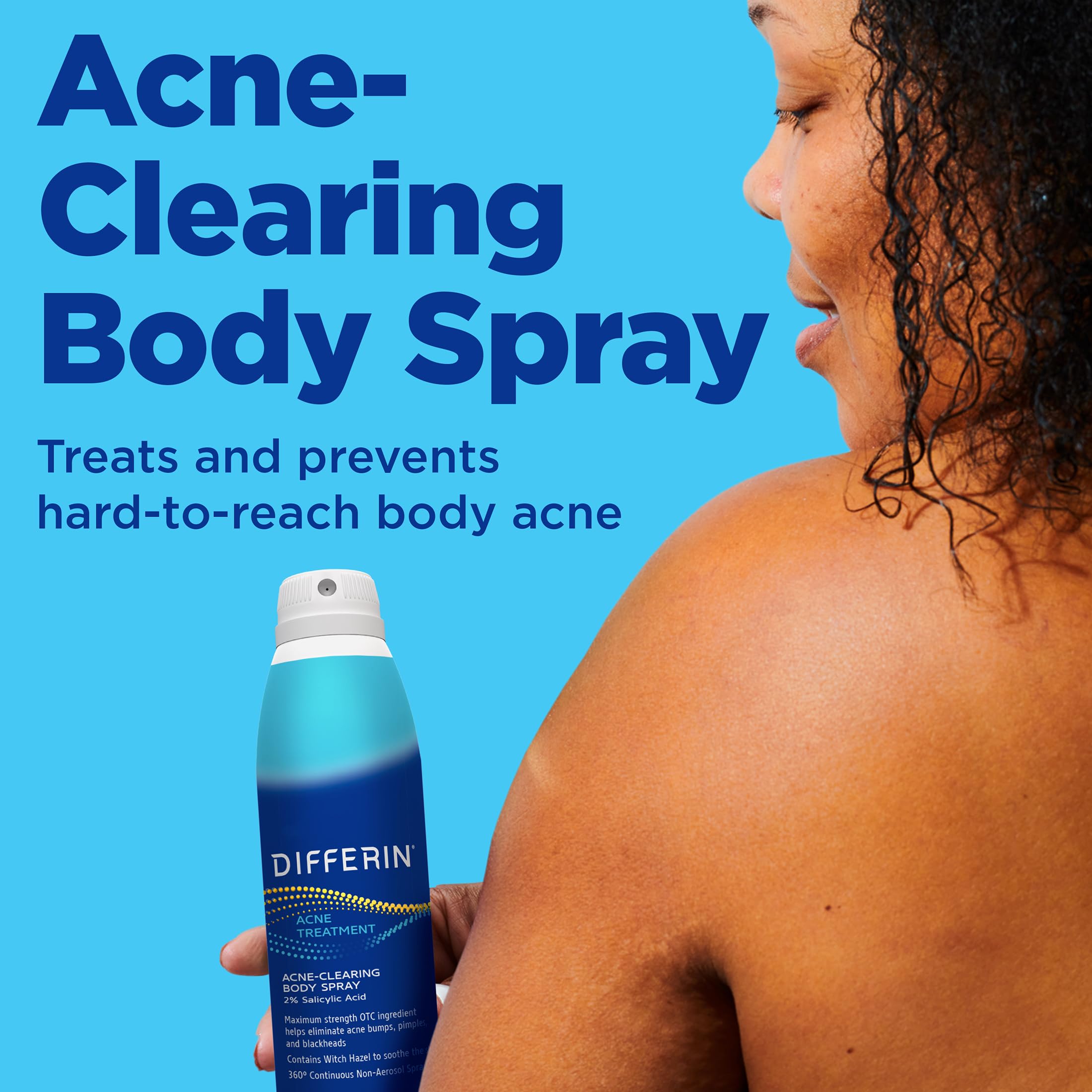 Differin Acne Body Spray bottle displaying the maximum strength salicylic acid ingredients label