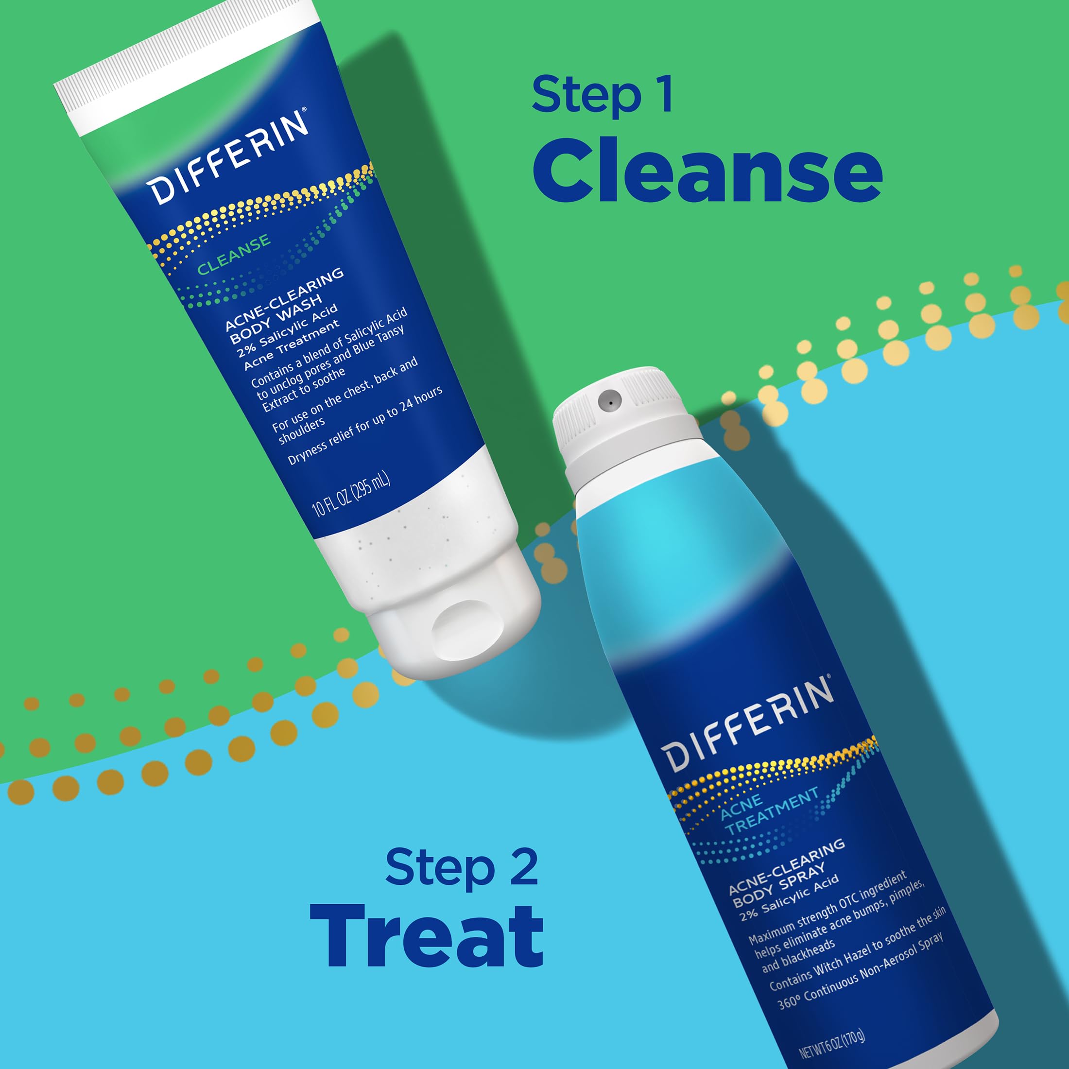 Differin body acne treatment bottle showcasing back acne and shoulder care directions