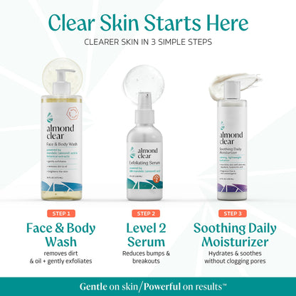 Almond Clear mandelic acid exfoliating body serum container on a clean background.