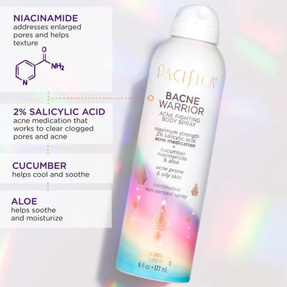 Pacifica vegan and cruelty free body acne spray ingredient list view