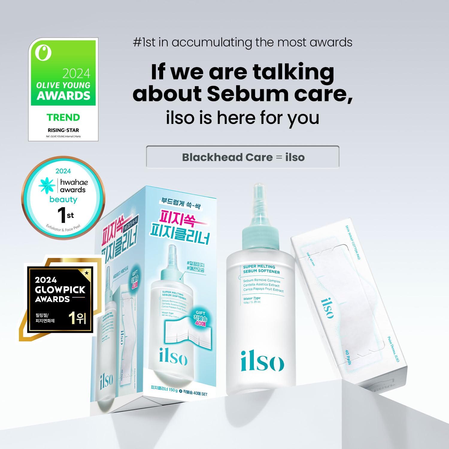 Ilso blackhead softener kit showing liquid solution bottle and specialized skin wrap pads.