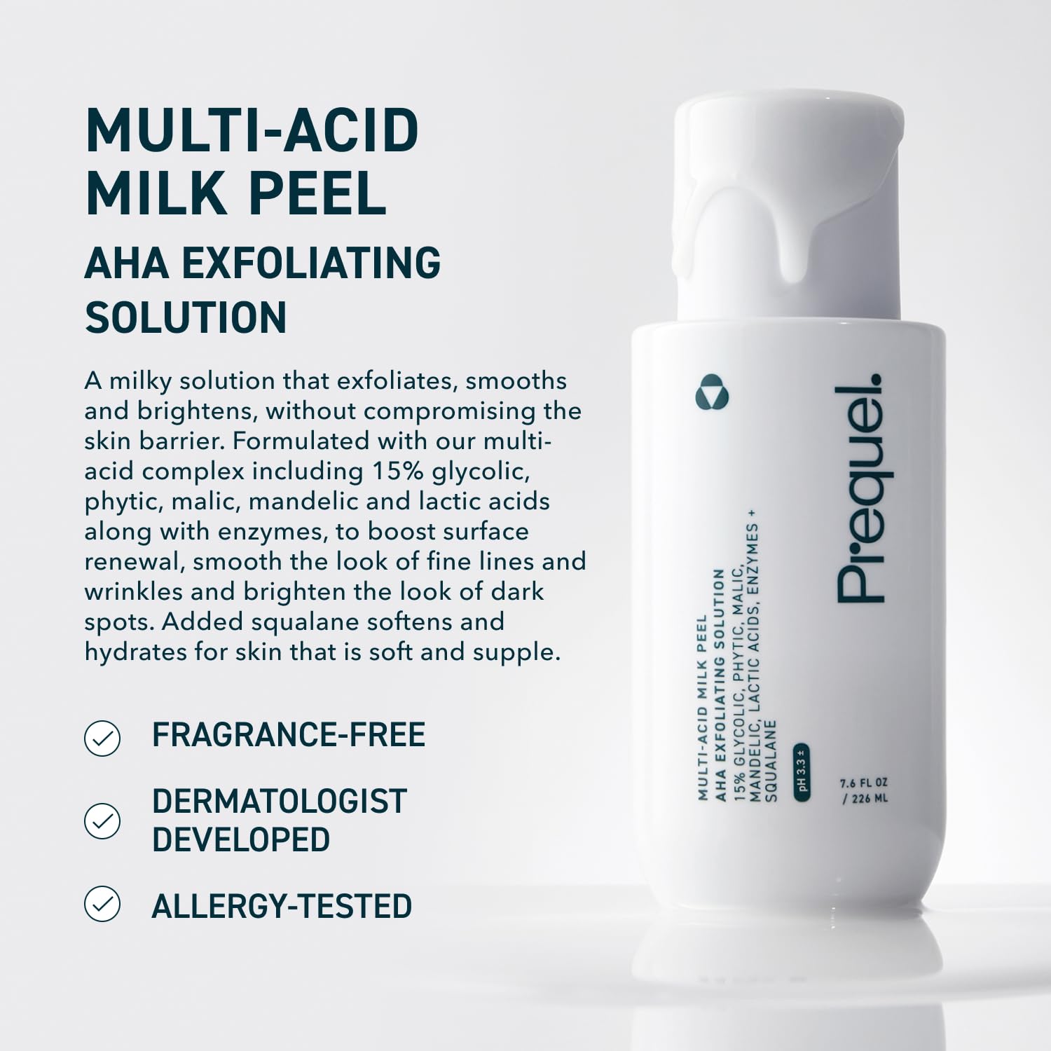 Prequel fifteen percent glycolic acid face peel liquid texture being dispensed from the bottle