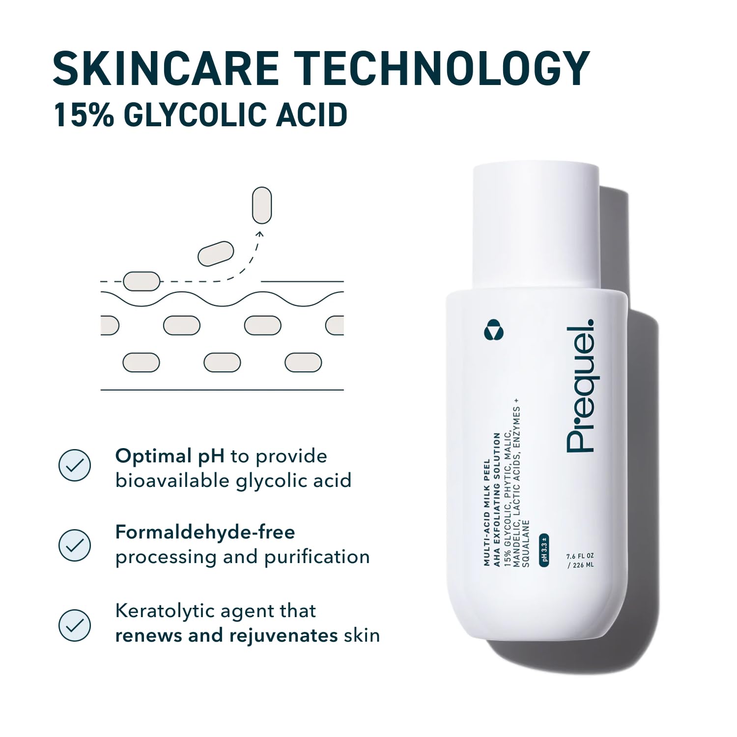 Prequel multi acid milk peel seven point six fluid ounce bottle displaying the product label clearly