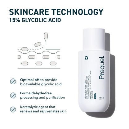 Prequel multi acid milk peel seven point six fluid ounce bottle displaying the product label clearly