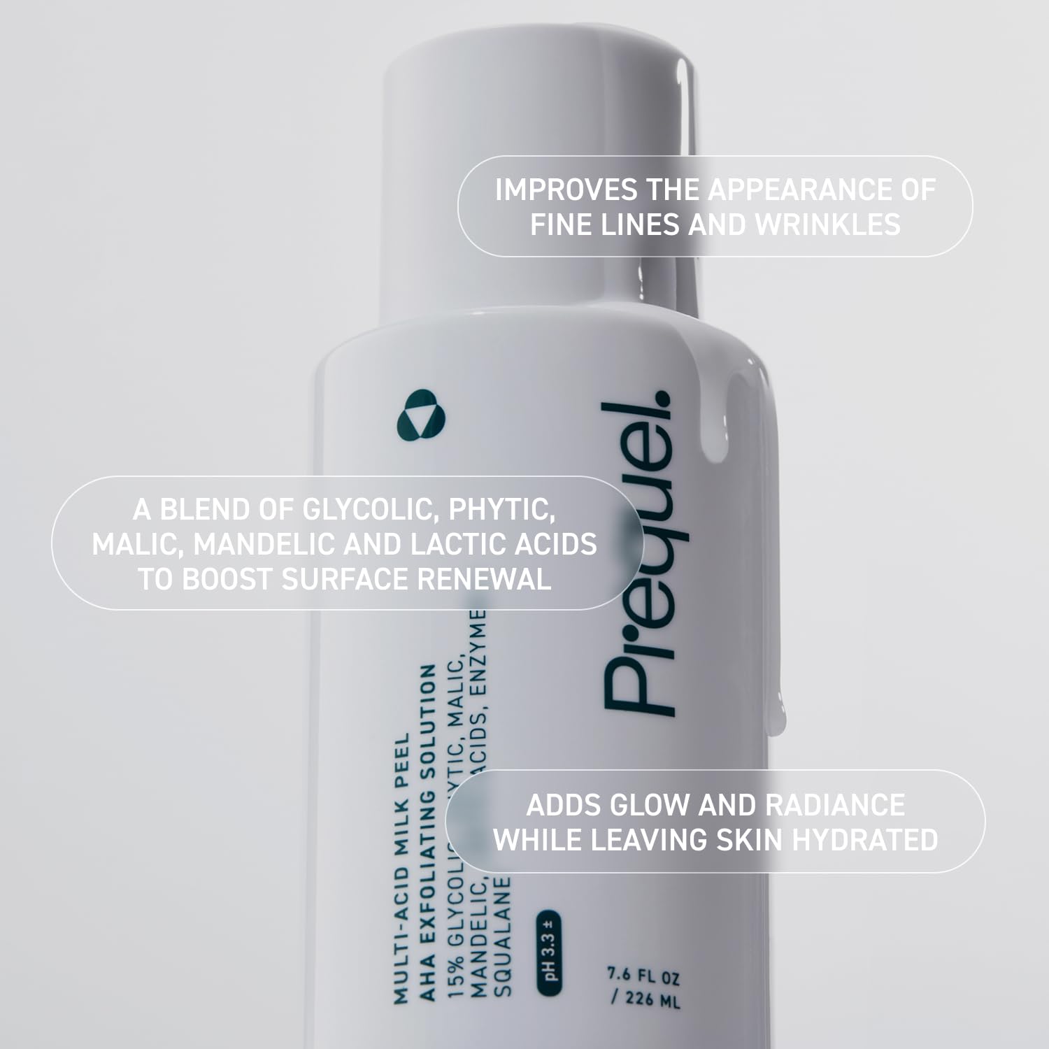 Milky chemical exfoliant formula featuring alpha hydroxy acids for smoothing rough skin texture