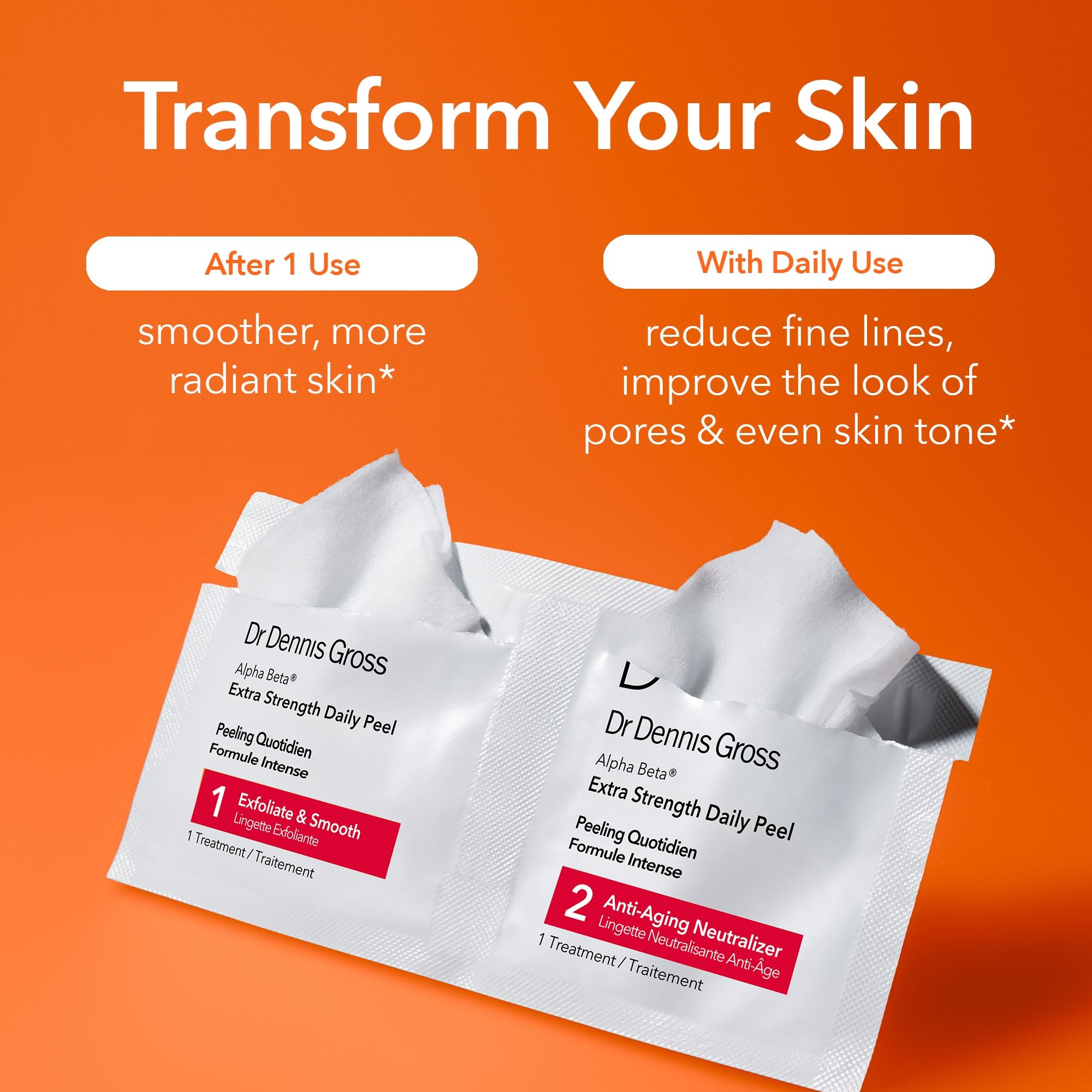 Dr. Dennis Gross two step exfoliating pads showing Step 1 and Step 2 sachets
