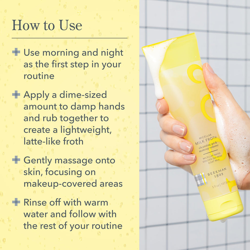 Beekman 1802 daily skincare routine essentials featuring micellar wash