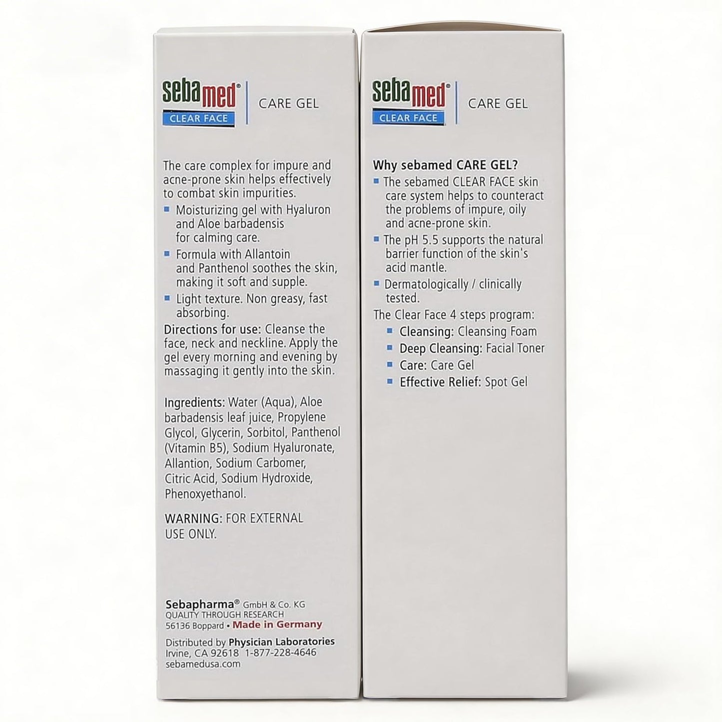 Back side of Sebamed Clear Face Care Gel tube with details