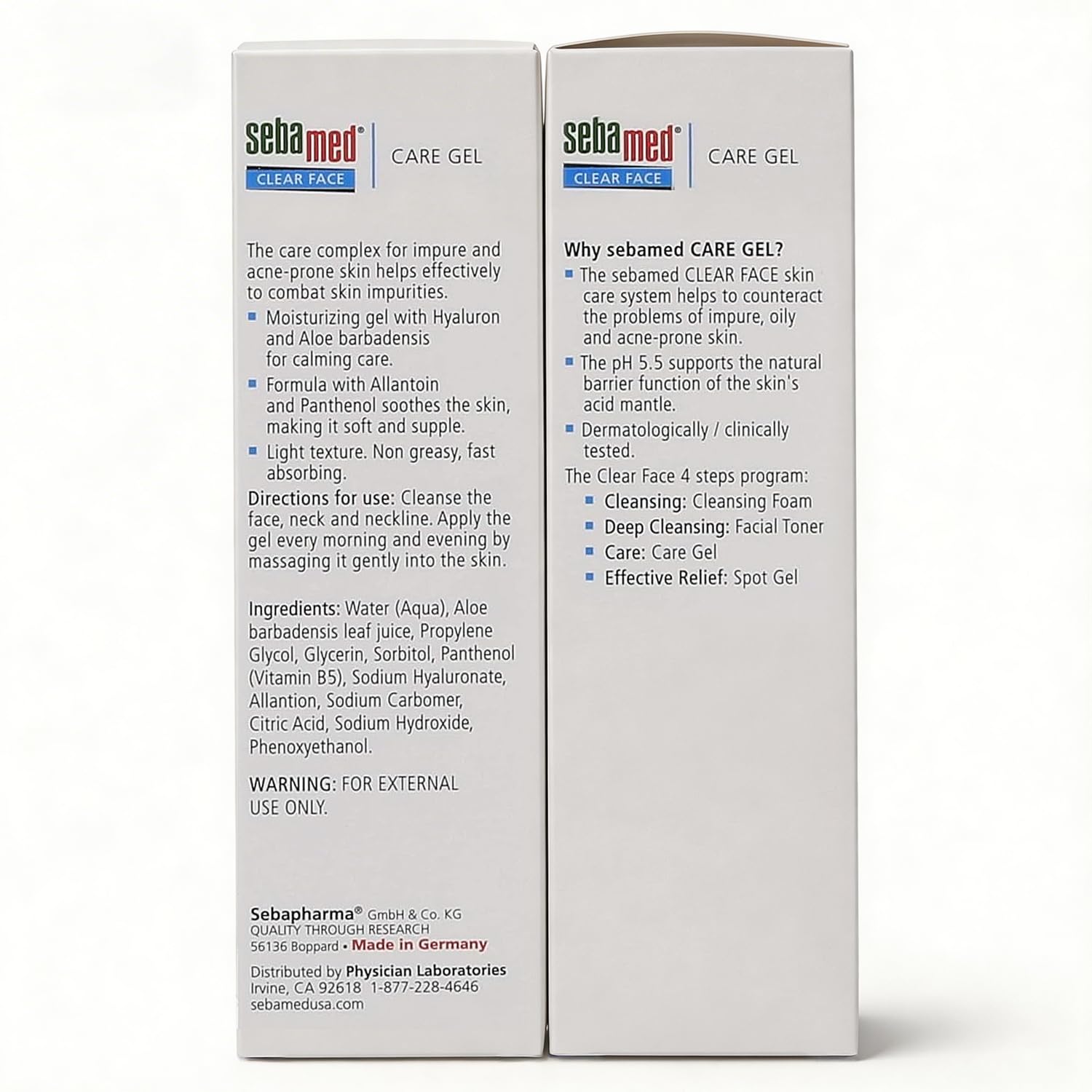 Back side of Sebamed Clear Face Care Gel tube with details