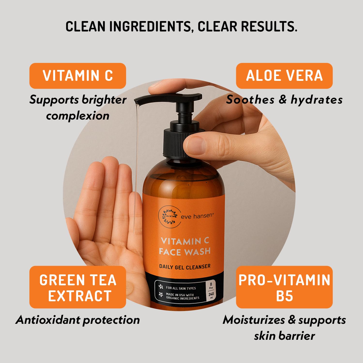 Back label of Eve Hansen Vitamin C Cleanser showing ingredients