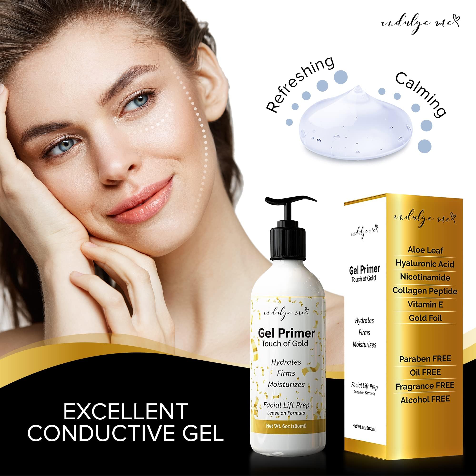 Applying IndulgeMe conductive gel primer to face for RF device