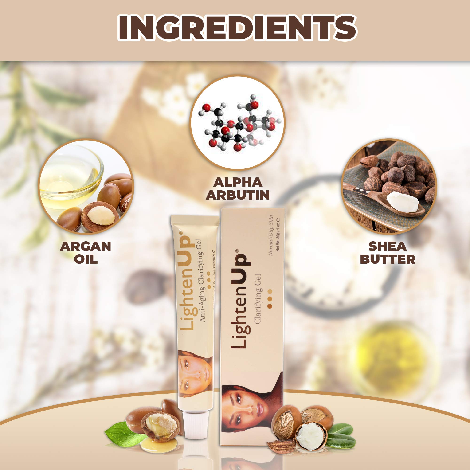 Omic Lighten-Up gel packaging showing key ingredients