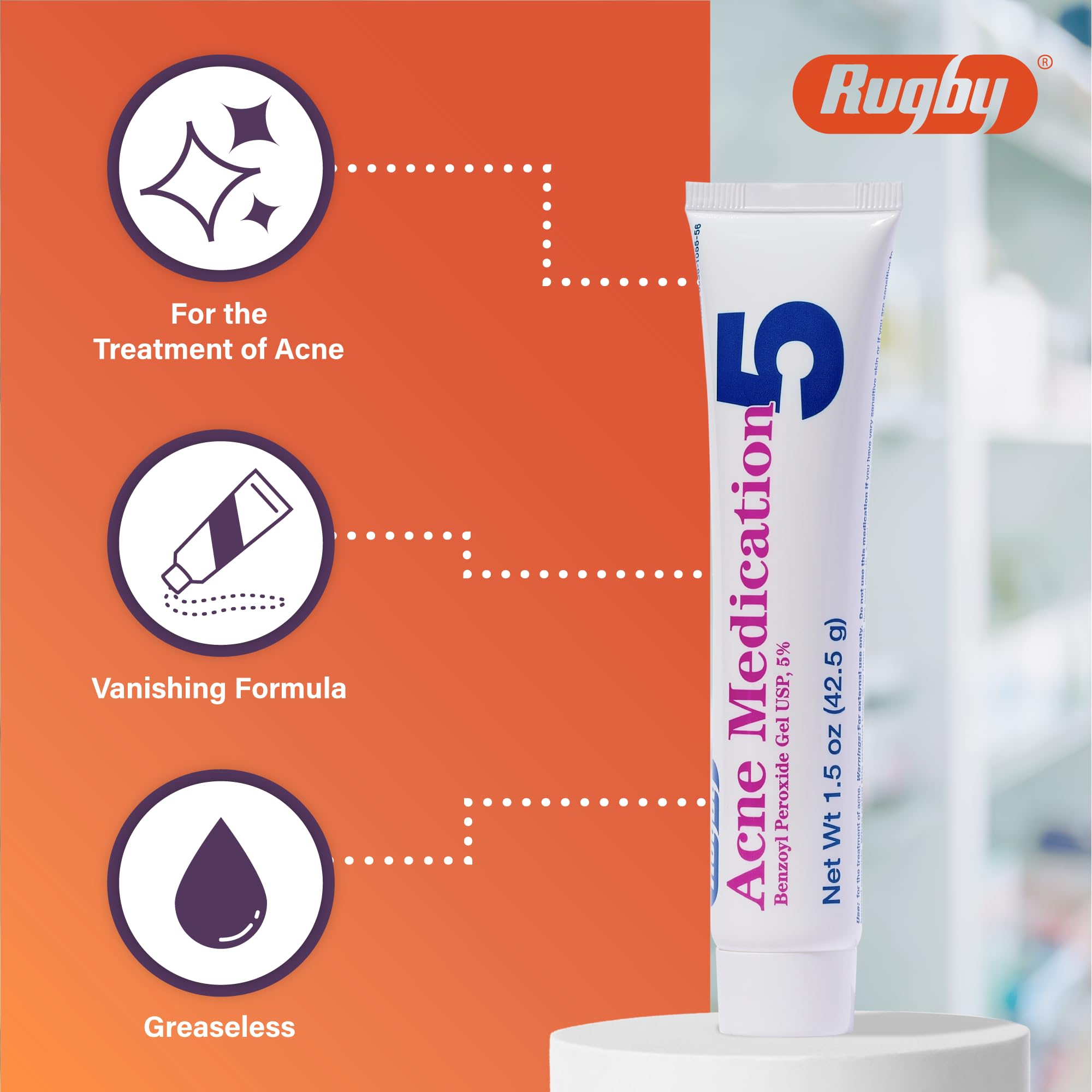 Side view of Rugby Acne Medication showing 1.5 Ounce size