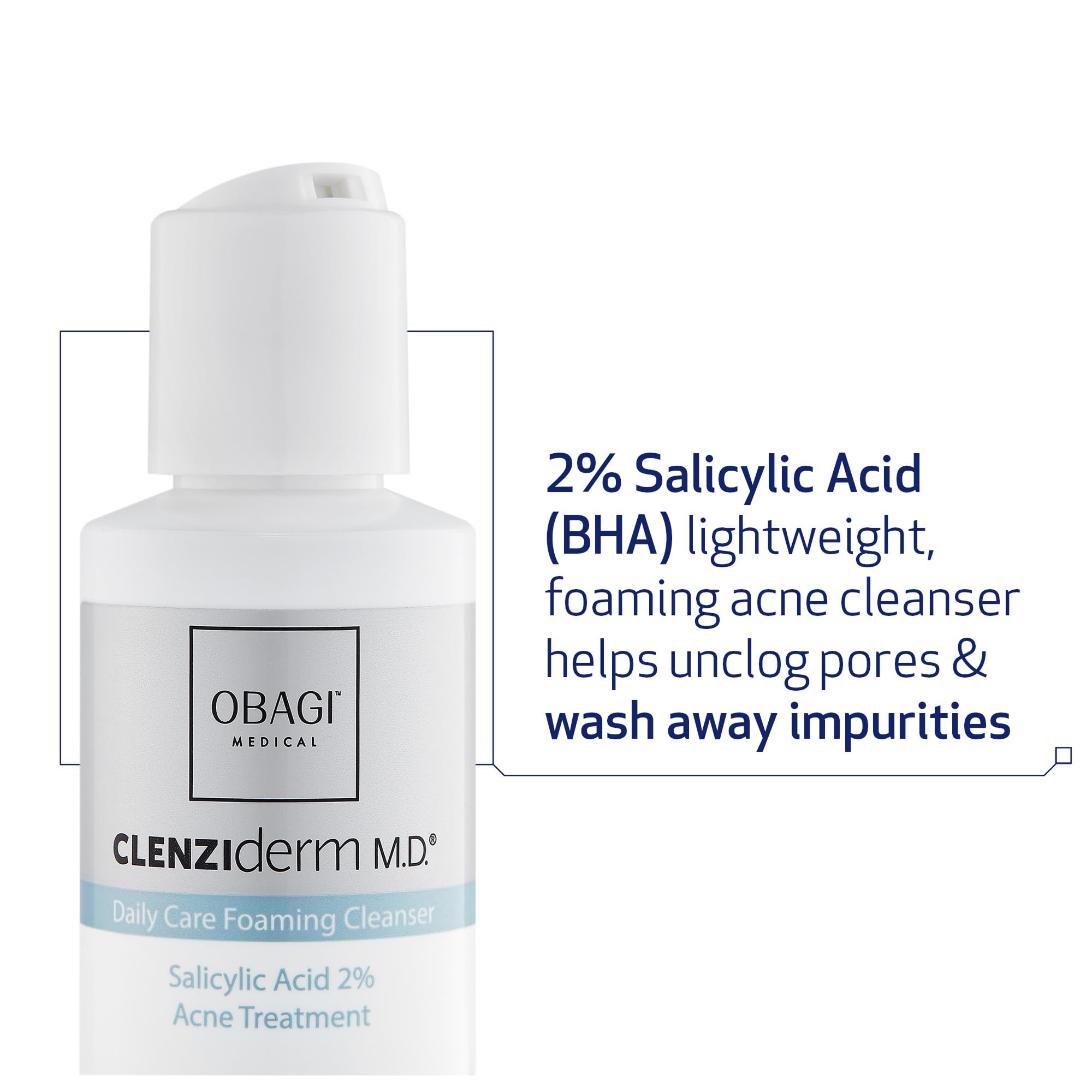 Obagi CLENZIderm salicylic acid foaming facial cleanser showing active ingredients label on the side of the packaging