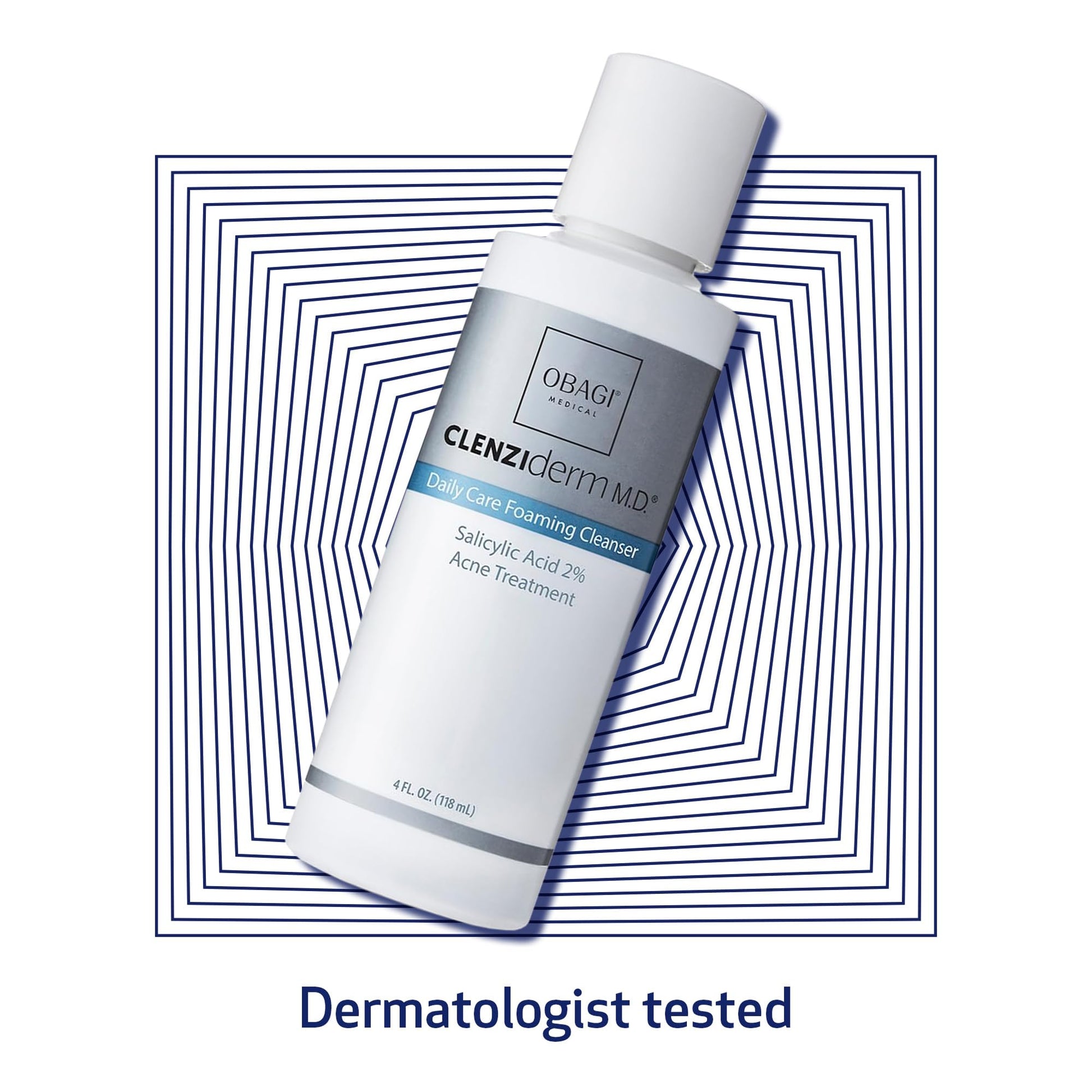 Full collection overview of the Obagi CLENZIderm medical grade acne clearance range alongside the foaming cleanser bottle